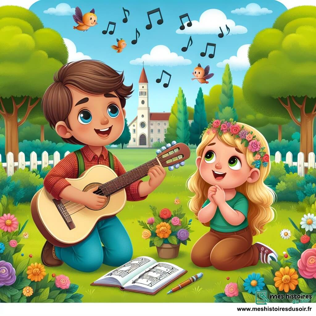 Une illustration destinée aux enfants représentant un jeune homme passionné de musique, accompagné d'un musicien bienveillant, dans un parc verdoyant où résonnent les douces mélodies de la guitare.