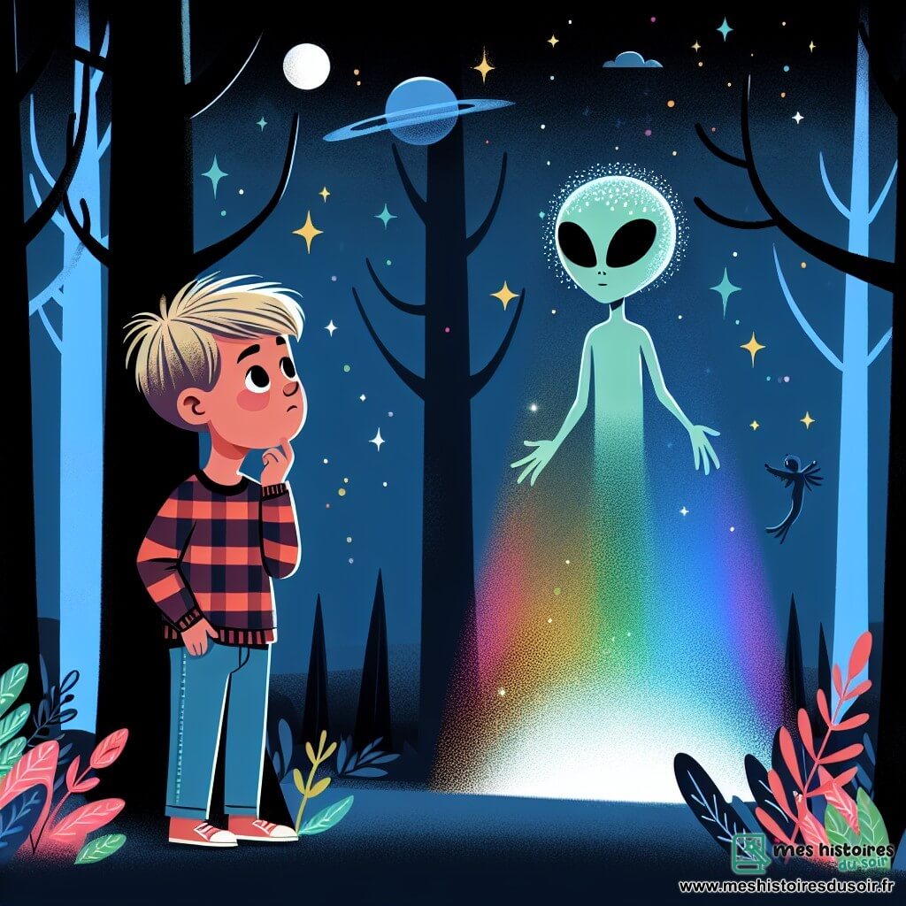 Une illustration destinée aux enfants représentant un garçon curieux observant une lumière multicolore descendre vers la Terre, accompagné d'un extraterrestre bienveillant aux cheveux scintillants, dans une clairière sombre et mystérieuse de la forêt.