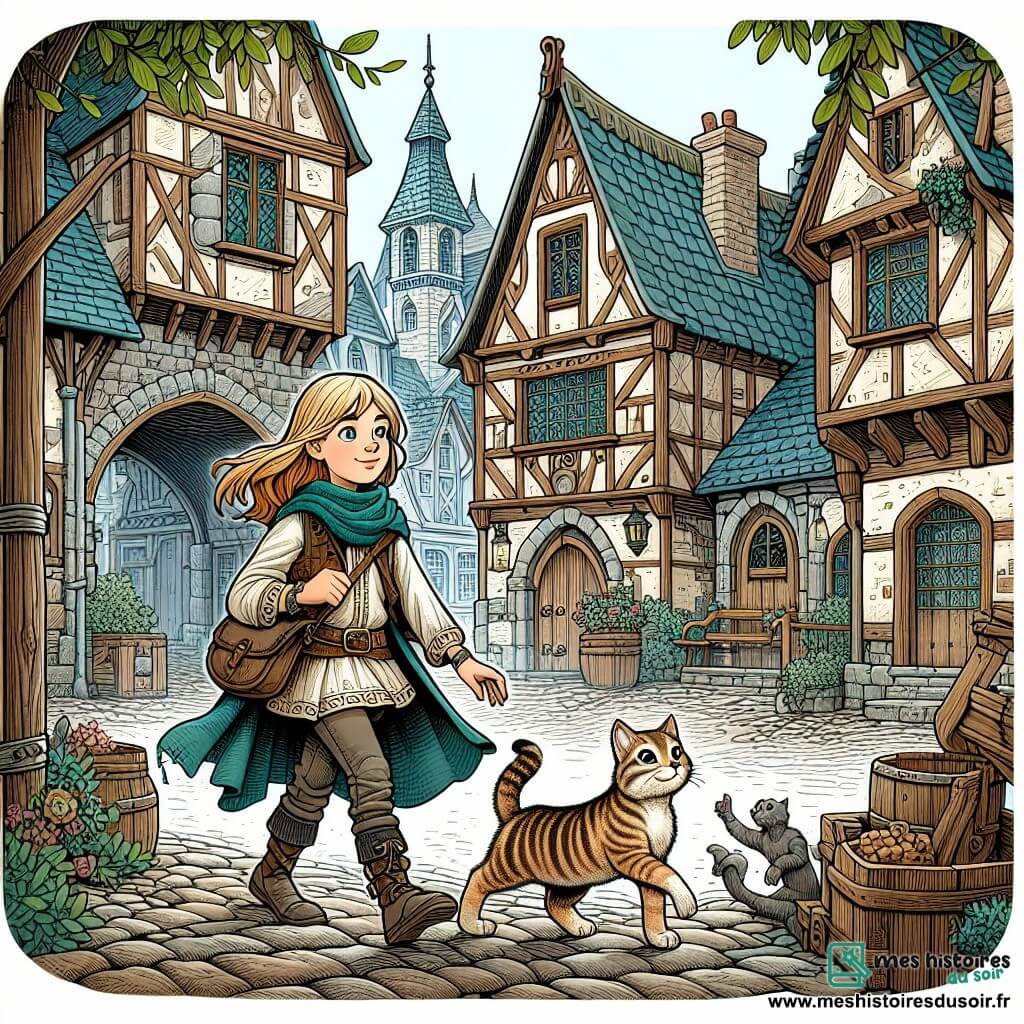 Une illustration destinée aux enfants représentant une jeune aventurière intrépide, accompagnée d'un adorable chaton, explorant un village médiéval ensorcelé, avec des maisons en bois, des rues pavées de pierres et une ambiance mystérieuse.