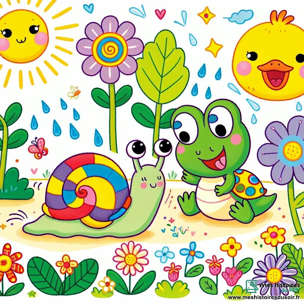 Une illustration sous forme de dessin destinée aux enfants représentant un jardin coloré et ensoleillé à Escargotville, avec un petit escargot à la coquille rayée aux couleurs vives, se balançant joyeusement autour de fleurs éclatantes, tandis qu'une grenouille verte aux grands yeux et un canard jaune aux plumes brillantes l'encouragent en sautillant et en cancanant, capturant l'esprit d'une course d'escargots amusante et amicale.