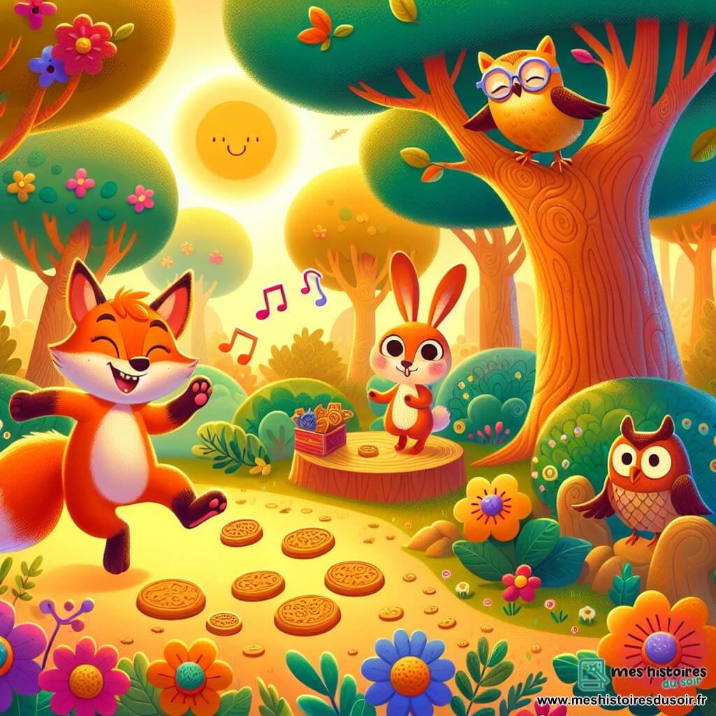 Une illustration sous forme de dessin destinée aux enfants représentant une forêt enchantée aux arbres dansants et aux fleurs chantantes, où un renard espiègle au pelage orange vif et aux yeux malicieux saute de joie en organisant une chasse au trésor, entouré de ses amis : une lapine aux grandes oreilles qui découvre des biscuits cachés derrière un buisson et un hibou sage aux lunettes qui observe la scène depuis une branche, le tout baigné par la lumière dorée du soleil couchant.