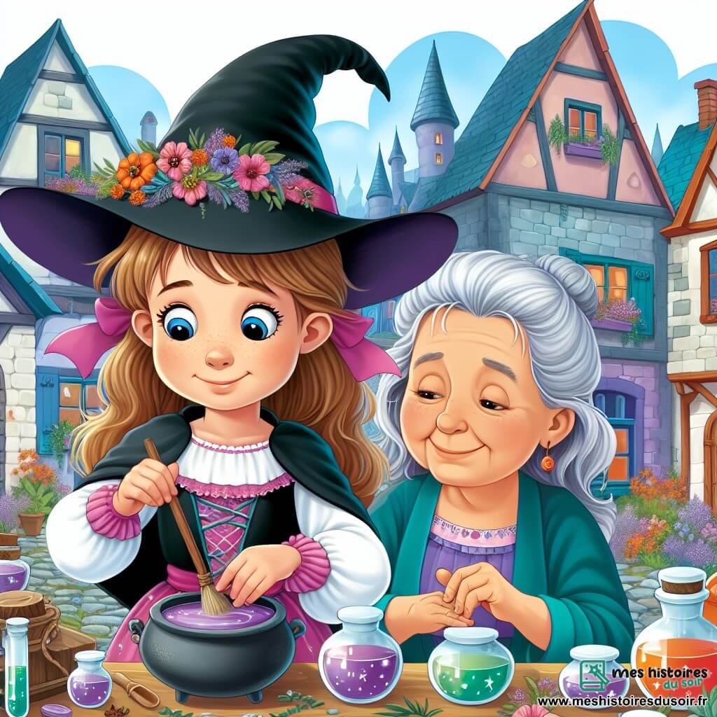 Une illustration destinée aux enfants représentant une apprentie sorcière en pleine préparation d'une potion magique, accompagnée de sa grand-mère souriante, dans un petit village ensorcelé aux maisons colorées et aux rues pavées bordées de fleurs enchantées.