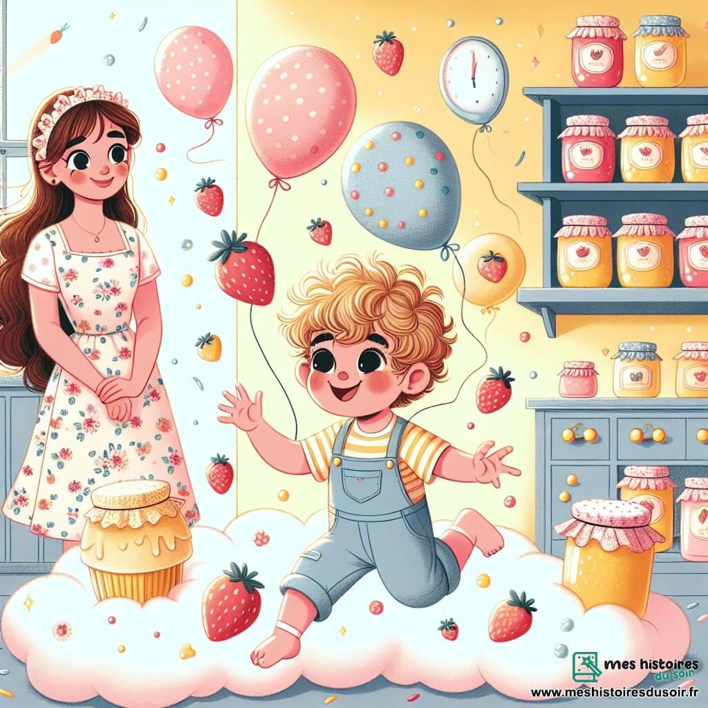 Une illustration sous forme de dessin destinée aux enfants représentant une cuisine colorée et lumineuse, avec des murs peints en jaune pastel et des étagères remplies de pots de confiture, où un garçon de 1 an aux cheveux bouclés et aux yeux pétillants, vêtu d'un petit t-shirt rayé et d'un pantalon en denim, saute joyeusement dans un nuage doux et moelleux qui flotte au-dessus du sol, tandis qu'une maman souriante aux cheveux longs et bruns, portant un tablier à fleurs, observe avec amusement des ballons colorés en forme de fraises qui s'envolent autour d'eux, illustrant un moment magique et humoristique où le petit garçon essaie de préparer un gâteau enchanté.