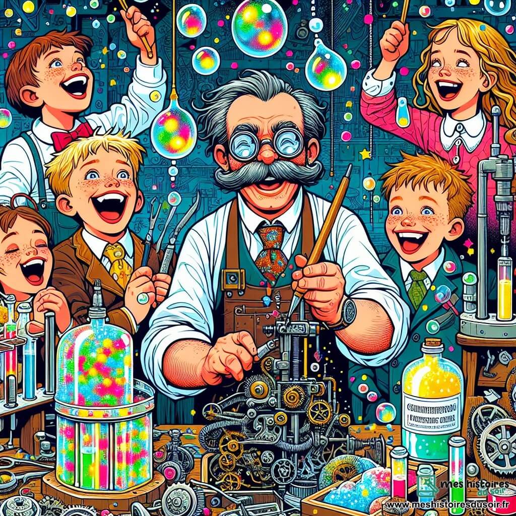 Une illustration sous forme de dessin destinée aux enfants représentant un atelier coloré et chaotique, rempli de mécanismes étranges et de potions pétillantes, où un homme à la grande moustache en brosse et aux lunettes rondes, vêtu d'une blouse de bricoleur, s'affaire joyeusement à peaufiner sa machine à faire rire, tandis qu'un groupe d'enfants aux yeux pétillants et aux sourires éclatants l'entoure, riant et s'amusant avec des bulles de savon flottantes et des confettis multicolores qui tombent du plafond, créant une ambiance festive et magique.