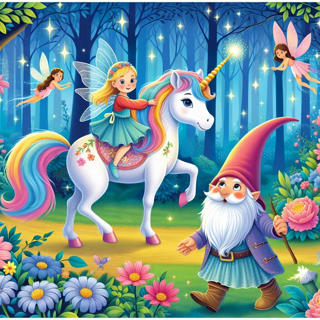 Une illustration destinée aux enfants représentant une licorne pleine de couleurs, se perdant dans une forêt enchantée, accompagnée d'un lutin farceur, au milieu d'une clairière remplie de fleurs lumineuses et de fées virevoltantes.