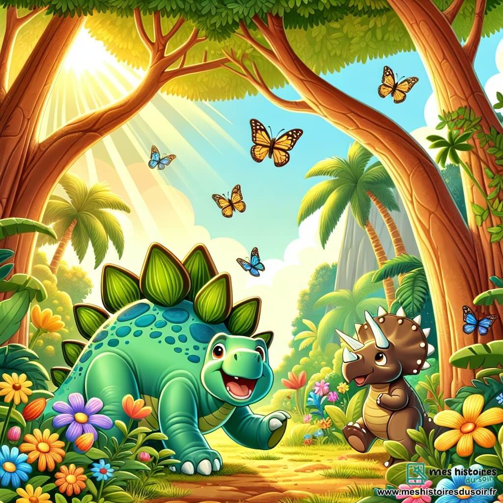 Illustration d'une jungle luxuriante avec de grands arbres aux feuilles vertes éclatantes, des fleurs colorées et des papillons dans l'air. Au centre, un stégosaure aux grandes plaques vertes et bleues se tient joyeusement sous un arbre, souriant. À côté, un petit tricératops avec trois cornes et une peau brune rit en cherchant son ami. Les deux dinosaures jouent à cache-cache, avec des ombres douces et une lumière dorée filtrant à travers les branches. Des oiseaux colorés chantent dans les arbres, ajoutant une touche de magie à cette aventure amicale.