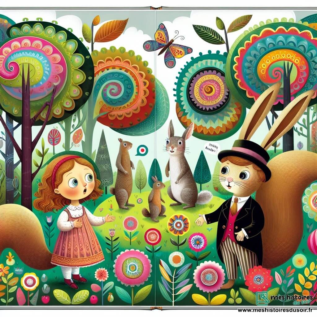 Une illustration destinée aux enfants représentant une fillette curieuse se retrouvant face à un écureuil parlant, accompagnée d'un lapin en costume et cravate, dans un jardin enchanté bordé de fleurs multicolores et d'arbres aux formes fantaisistes.