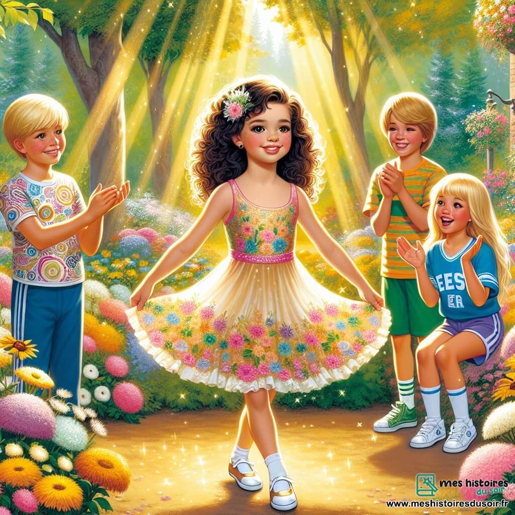 Illustration destinée aux enfants représentant un jardin ensoleillé, rempli de fleurs colorées et de verdure luxuriante, où un groupe d'enfants de 11 ans se prépare à une performance de danse. Au centre, une fille aux cheveux bruns bouclés, vêtue d'une robe légère et colorée, se tient avec un sourire déterminé, prête à danser. À ses côtés, deux amies : une fille aux cheveux blonds, portant un t-shirt avec des motifs artistiques, qui l'encourage avec enthousiasme, et une autre fille aux cheveux châtains, en tenue de sport, qui applaudit avec un grand sourire. L'atmosphère est joyeuse et pleine d'énergie, avec des rayons de soleil filtrant à travers les arbres, créant une ambiance magique et inspirante.