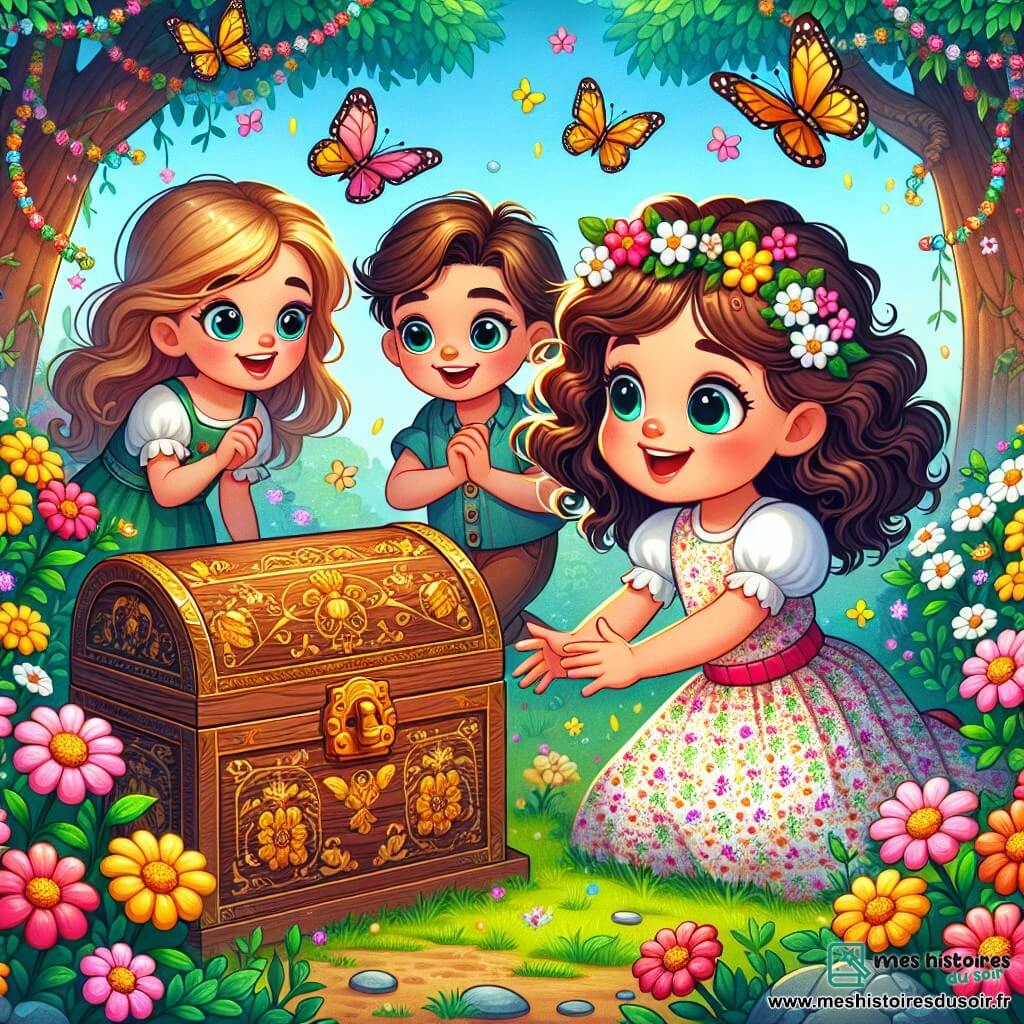 Une illustration sous forme de dessin destinée aux enfants représentant un jardin enchanté rempli de fleurs colorées et de papillons dansants, où une petite fille de 5 ans aux cheveux bouclés et aux grands yeux pétillants, vêtue d'une robe à fleurs, examine avec émerveillement une boîte en bois ornée de motifs dorés, tandis qu'à ses côtés, deux amis, un garçon courageux aux cheveux bruns et un sourire éclatant, et une fille aux cheveux longs et blonds, pleine d'imagination, l'observent avec curiosité, tous trois prêts à découvrir les mystères que renferme la boîte magique.