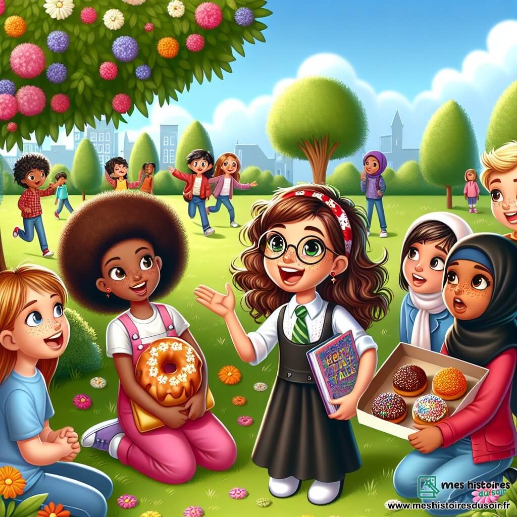 Illustration destinée aux enfants représentant un groupe d'enfants de 11 ans réunis dans une cour d'école ensoleillée, entourée de buissons fleuris et de grands arbres, où l'herbe verte est parsemée de fleurs colorées. Au centre, une fille aux boucles brunes et à la peau claire, pleine d'énergie, explique avec enthousiasme une idée à ses amies, tandis qu'une autre fille aux lunettes, avec des taches de rousseur et une peau claire, l'écoute attentivement, un livre de contes marocains à la main. À côté d'elles, une fille aux cheveux noirs et à la peau mate, souriante, tient des beignets de miel, prête à les partager. En arrière-plan, d'autres enfants de différentes origines ethniques, dont un garçon aux cheveux blonds et à la peau claire, et une fille aux cheveux châtains et à la peau olive, s'approchent, curieux d'entendre leur projet sur la diversité. L'atmosphère est joyeuse et dynamique, remplie de rires et de couleurs, symbolisant l'unité et l'amitié à travers les différences culturelles.