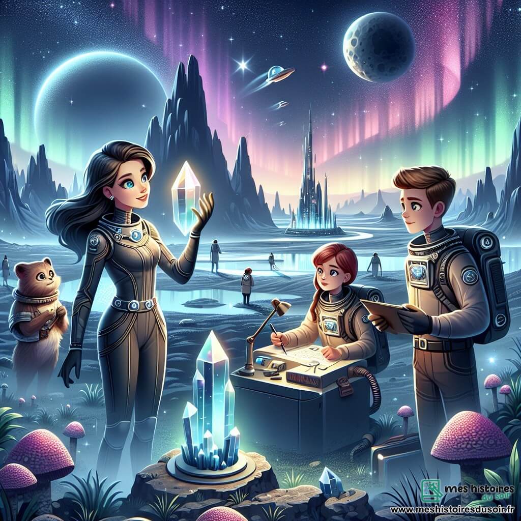Une illustration sous forme de dessin destinée aux enfants représentant une exoplanète mystérieuse aux paysages scintillants, où une femme brune aux yeux pétillants, portant une combinaison spatiale futuriste, observe avec émerveillement un immense cristal en forme de cône, tandis qu'un jeune homme blond, son second, prend des notes sur un appareil flottant, et une technicienne aux cheveux roux examine des échantillons de sol, le tout dans une atmosphère de découverte et d'émerveillement, avec des ruines anciennes en arrière-plan et des aurores colorées illuminant le ciel.