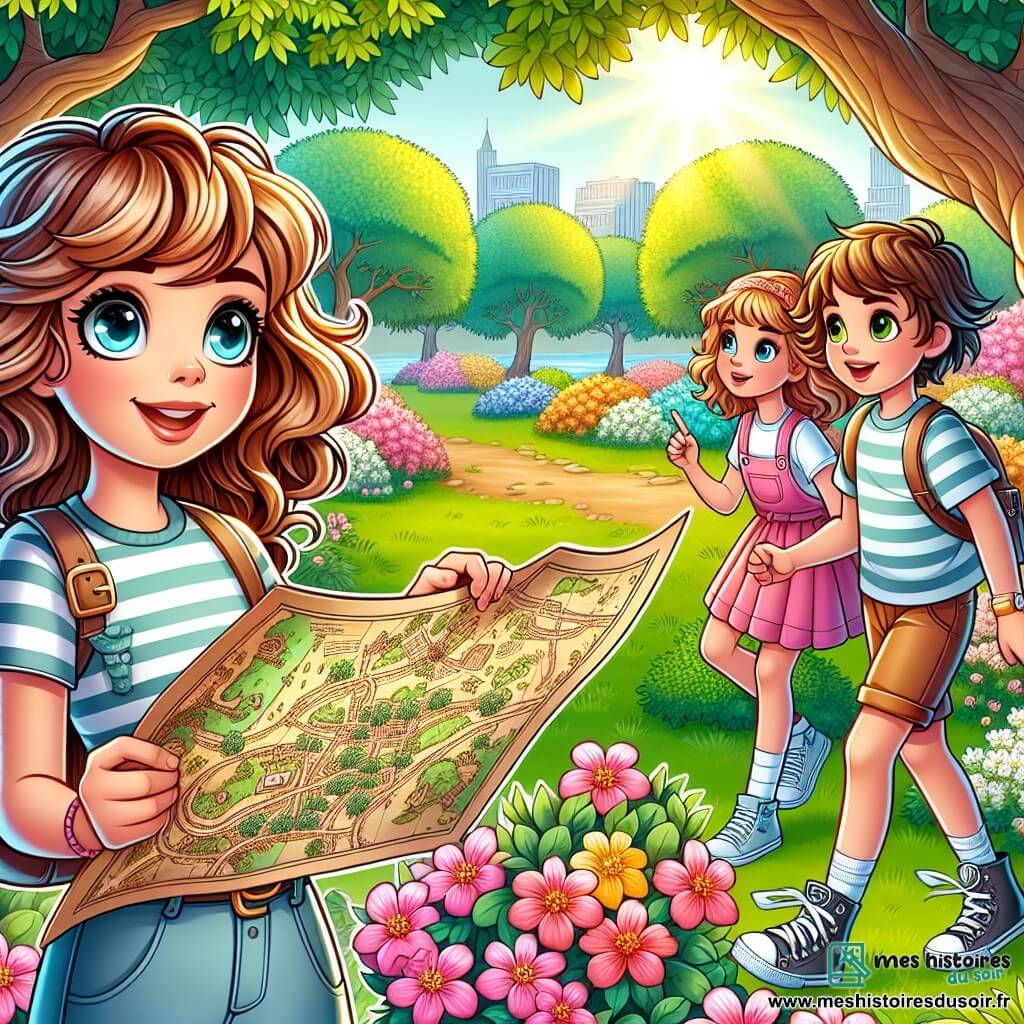 Une illustration sous forme de dessin destinée aux enfants représentant un parc ensoleillé, rempli de fleurs colorées et d'arbres majestueux, où une fille de 11 ans aux cheveux châtains ondulés et aux yeux pétillants, portant un t-shirt rayé et des baskets, examine avec enthousiasme une carte ancienne, tandis que deux amis, un garçon aux cheveux bruns courts et une fille aux cheveux blonds tressés, l'observent avec curiosité, tous trois prêts à partir à l'aventure à la recherche d'un trésor caché.
