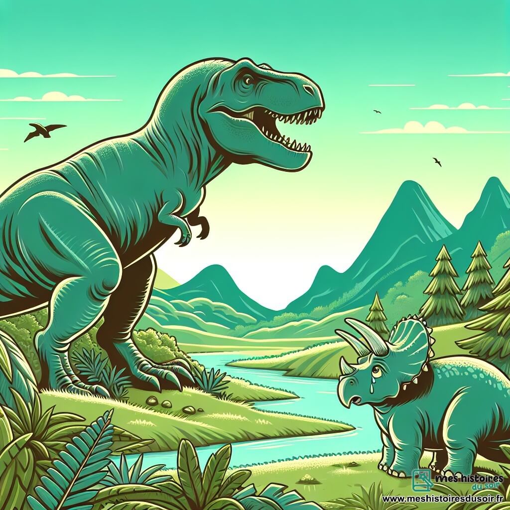 Une illustration destinée aux enfants représentant un imposant Tyrannosaure Rex se tenant majestueusement dans une luxuriante vallée préhistorique, accompagné d'un jeune tricératops en pleurs, évoquant une aventure captivante au cœur de la forêt des dinosaures.
