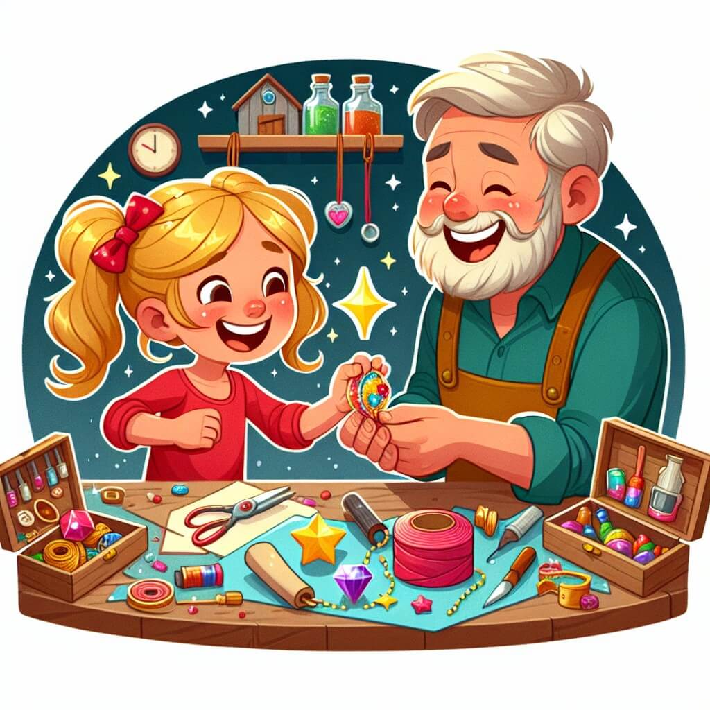 Une illustration destinée aux enfants représentant une petite fille joyeuse et débrouillarde préparant une surprise pour son papa, avec l'aide bienveillante d'un papa souriant, dans un atelier secret rempli de bricolage coloré et d'objets étincelants.