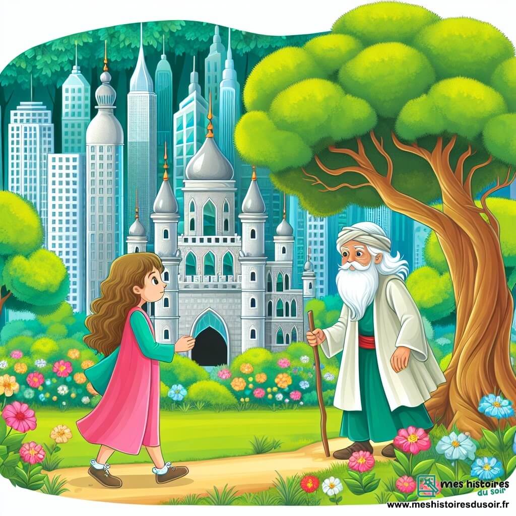 Une illustration destinée aux enfants représentant une jeune fille endormie depuis longtemps, émergeant d'un palais moderne entouré de gratte-ciel, rencontrant un sage homme vêtu de simples habits sous un chêne solitaire dans un parc verdoyant aux arbres majestueux et aux fleurs colorées.