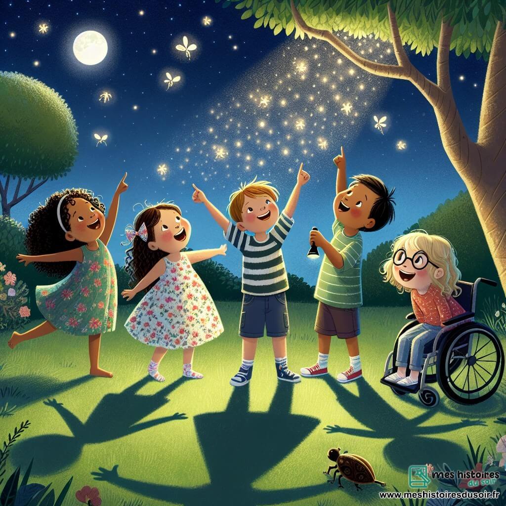 Illustration destinée aux enfants représentant un jardin enchanteur sous un ciel étoilé, où des ombres dansent sur l'herbe verte et des lucioles scintillent comme des étoiles tombées. Au centre, un groupe de quatre enfants de 9 ans : une fille aux cheveux châtains et bouclés, portant une robe à fleurs, qui rit en levant les bras pour imiter un oiseau ; une autre fille aux cheveux blonds, en t-shirt rayé, qui pointe du doigt une ombre amusante projetée par un arbre ; une fille en fauteuil roulant avec des lunettes, souriante et tenant une lampe de poche, et un garçon aux cheveux bruns, vêtu d'un sweat à capuche, qui observe avec émerveillement les étoiles. Ensemble, ils partagent un moment de joie et de découverte, transformant leur peur du noir en une aventure magique, entourés de bruits doux de la nuit et de l'éclat des étoiles.