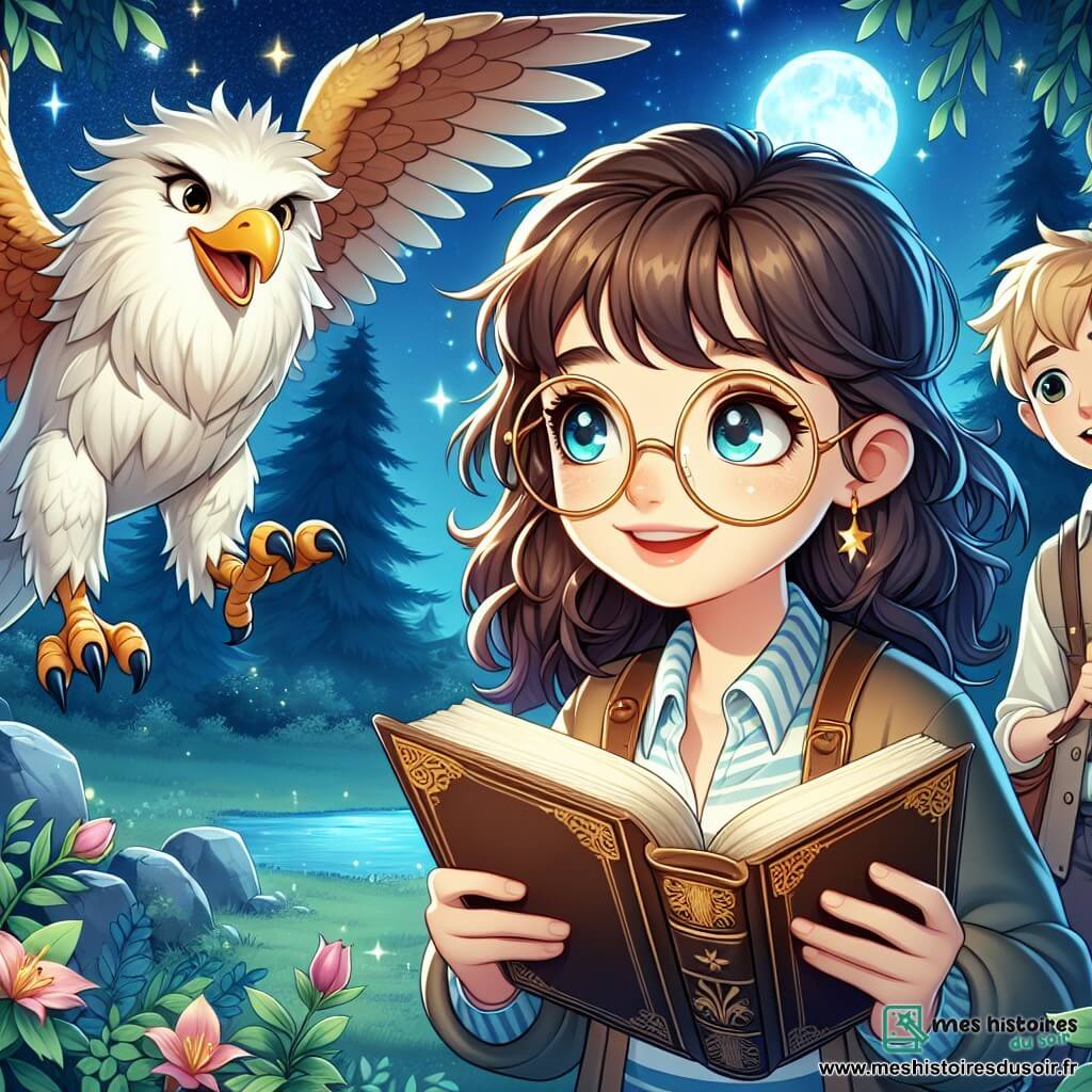 Une illustration sous forme de dessin destinée aux enfants représentant une clairière enchantée au clair de lune, où une jeune fille aux cheveux châtains en bataille et portant des lunettes rondes, apprentie sorcière, tient un grimoire ouvert dans ses mains, entourée de ses deux amis : un garçon souriant aux cheveux blonds et une fille aux lunettes, plongés dans une discussion animée, tandis qu'un griffon majestueux aux plumes dorées les observe avec curiosité, le tout baigné dans une atmosphère magique et lumineuse, évoquant l'aventure et l'amitié.