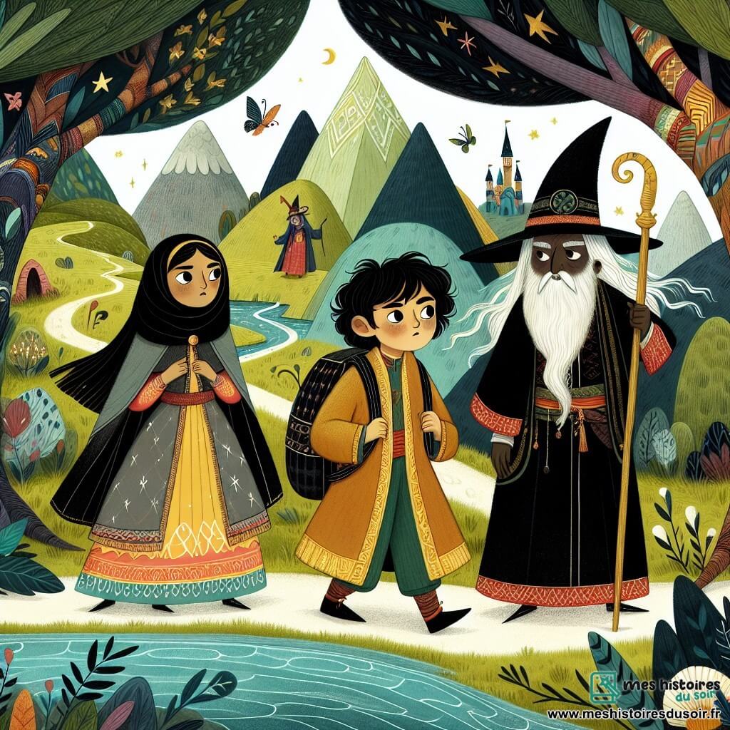 Une illustration destinée aux enfants représentant un jeune sorcier aux cheveux noirs comme l'ébène, plongé dans une aventure fantastique aux côtés d'une sorcière espiègle et d'un sorcier sage, dans un royaume enchanté où les arbres chantaient et les rivières murmuraient des secrets anciens.