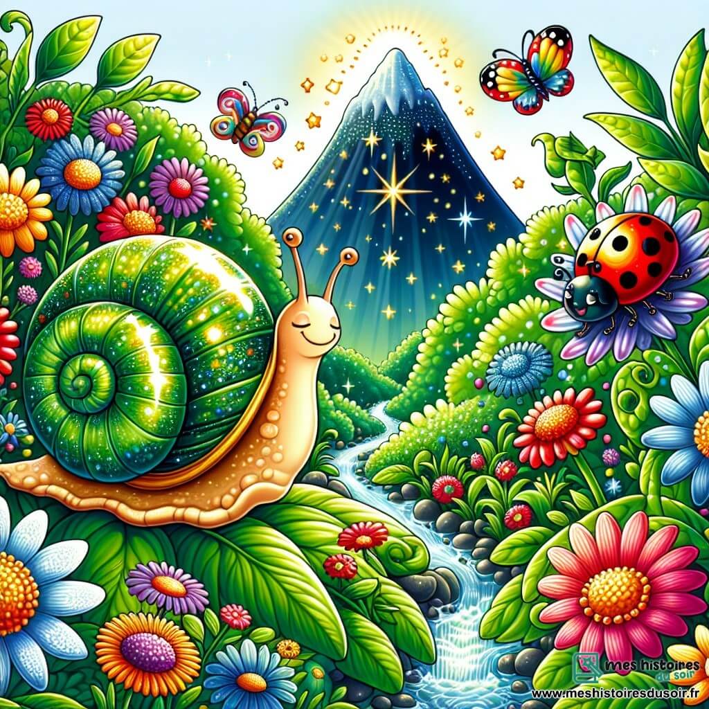 Illustration d'un jardin luxuriant, rempli de fleurs colorées aux pétales éclatants, de feuilles vertes brillantes, et d’un ruisseau scintillant serpentant entre les plantes. Au centre, un escargot au corps luisant et spiralé, aux teintes vertes et oranges, avance lentement sur une tige de fleur, ses yeux curieux scrutant le paysage. À ses côtés, une coccinelle à pois rouges vole joyeusement, ses petites antennes vibrantes d’excitation. Ensemble, ils contemplent la Montagne Étoilée au loin, illuminée par les rayons dorés du soleil, symbolisant leur quête d'un trésor magique. Des papillons colorés dansent autour d'eux, ajoutant une touche de magie à cette scène d'aventure et d'amitié.