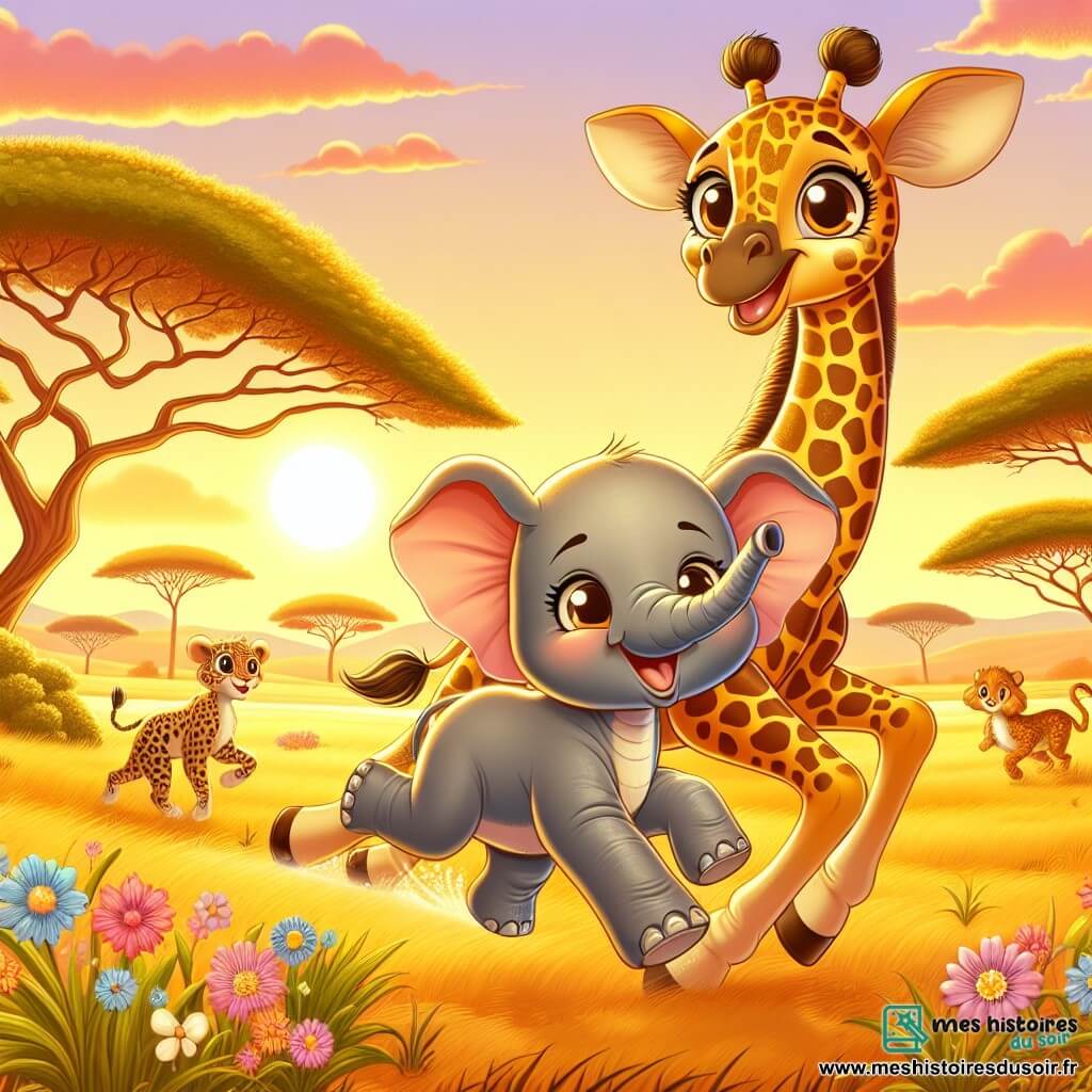 Illustration d'une savane dorée sous la lumière du soleil couchant, avec des acacias aux feuilles vertes et des fleurs colorées dansant sous la brise. Au centre, une girafe aux taches brunes et jaunes sourit en portant un éléphant sur son dos. L'éléphant, avec sa peau grise et ses grandes oreilles, affiche un grand sourire. En arrière-plan, des animaux comme un léopard et un singe les observent. La girafe et l'éléphant courent joyeusement, tandis que des nuages roses et oranges embellissent cette scène d'amitié.