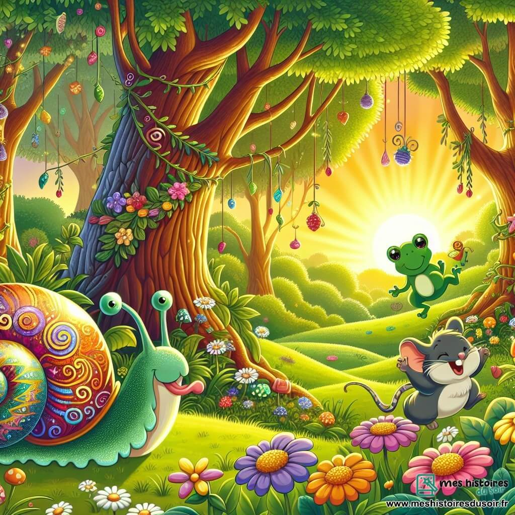 Illustration d'une clairière enchantée, éclairée par le soleil couchant. Des arbres majestueux aux troncs épais et feuilles vibrantes dansent dans le vent, tandis que des fleurs colorées parsèment le sol. Au centre, un escargot aux couleurs vives avec une coquille spiralée ornée de motifs joyeux se déplace lentement, souriant. À ses côtés, une grenouille verte aux yeux pétillants saute avec enthousiasme, et une petite souris grise rit en grignotant une baie juteuse. L'atmosphère est festive, avec des guirlandes de fleurs dans les arbres et des baies sucrées sur une grande feuille, accompagnée de rires et de chants d'animaux.