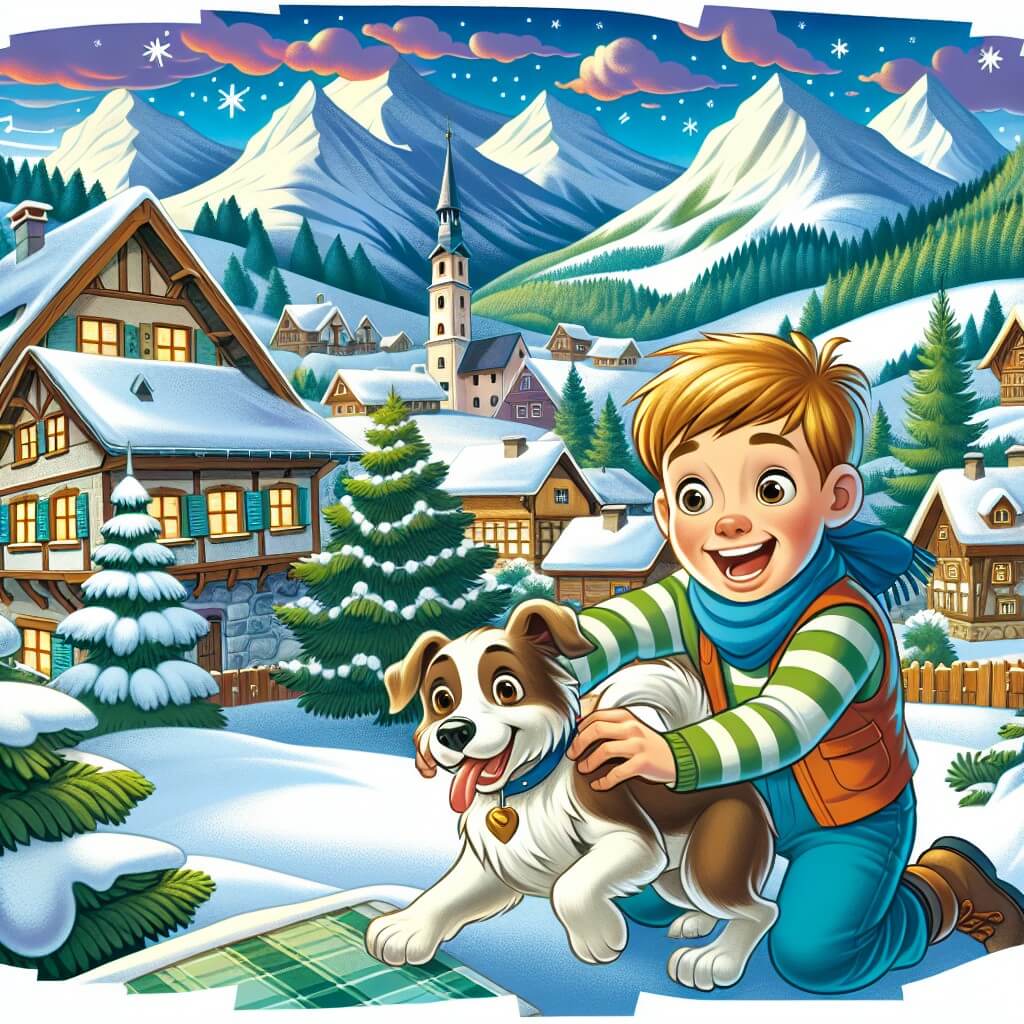 Une illustration destinée aux enfants représentant un jeune garçon plein d'énergie, vivant dans un village pittoresque entouré de montagnes, préparant avec enthousiasme la magie de Noël avec l'aide de son chien espiègle, Max.