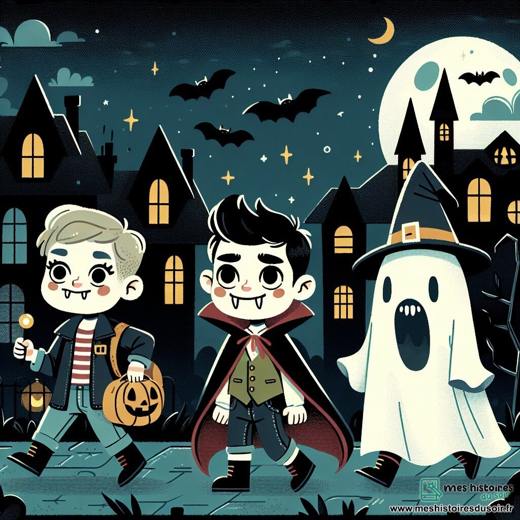Une illustration destinée aux enfants représentant un jeune garçon déguisé en vampire, accompagné de ses amis déguisés en sorcière et en fantôme, explorant une rue sombre et mystérieuse parsemée de maisons hantées le soir d'Halloween.