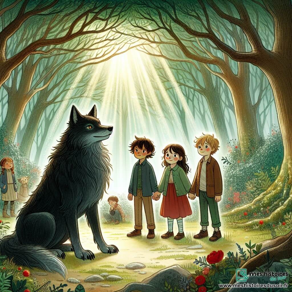 Une illustration sous forme de dessin destinée aux enfants représentant une clairière enchantée au cœur d'une forêt dense, où un groupe de quatre enfants de 11 ans, deux garçons aux cheveux en bataille et une fille aux yeux pétillants, se tiennent main dans la main, regardant avec curiosité un grand loup majestueux au pelage noir, assis devant eux avec un sourire bienveillant, tandis qu'une lumière douce filtre à travers les branches des arbres, créant une atmosphère magique et accueillante, symbolisant la découverte d'une amitié inattendue entre les enfants et le loup.