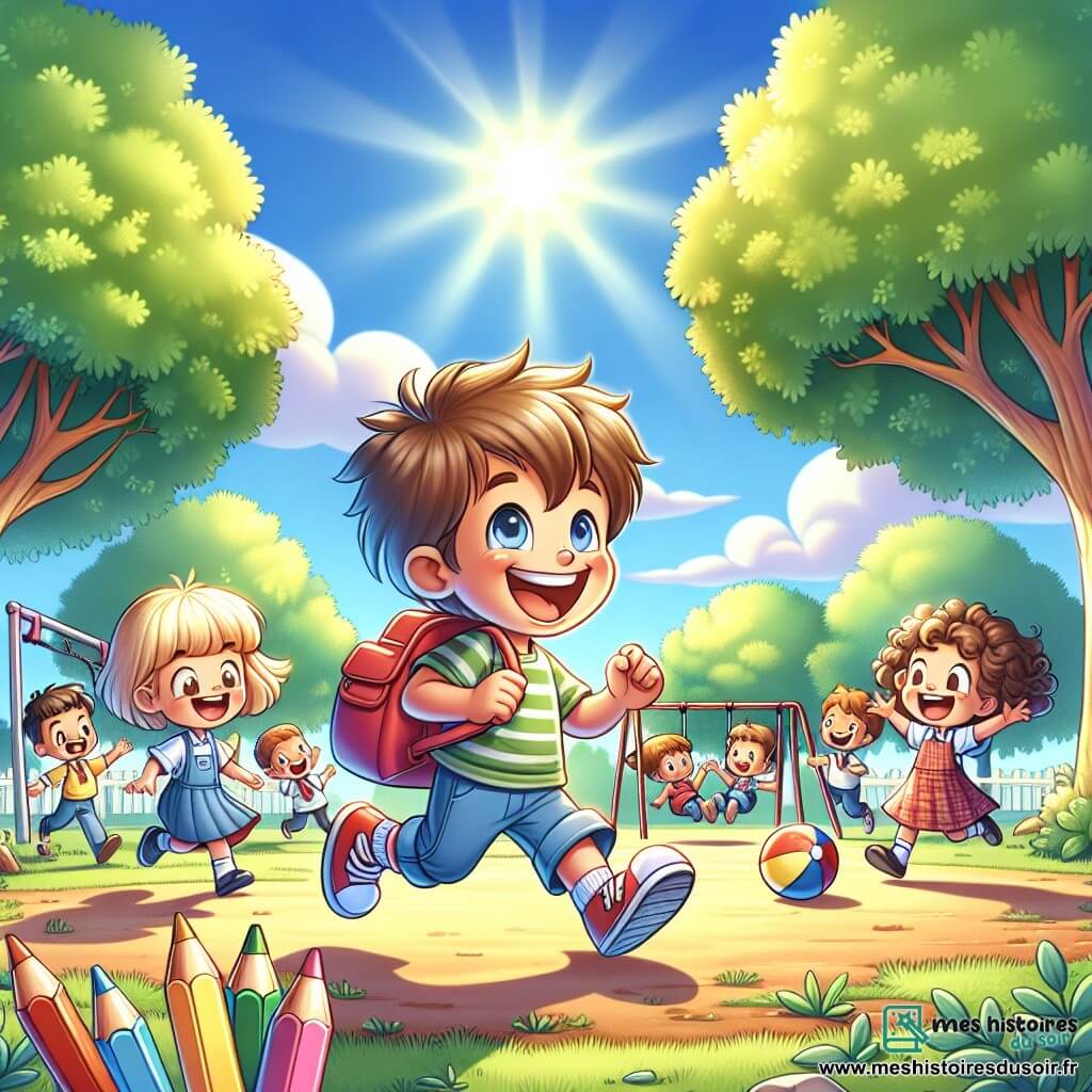 Illustration d'une cour d'école ensoleillée, entourée de grands arbres aux feuilles vertes et d'un ciel bleu clair avec quelques nuages blancs. Au centre, un garçon de 5 ans, cheveux bruns en bataille et sourire éclatant, porte un cartable rouge et joue au ballon avec d'autres enfants. À ses côtés, une fille de 6 ans, cheveux bouclés et blonds, rit en courant. D'autres enfants, de différents âges, sont présents, certains sur des balançoires, d'autres discutent. La scène dégage une atmosphère de joie et d'excitation, symbolisant le début d'une nouvelle année scolaire. Des crayons de couleur et des livres sont éparpillés sur le sol, ajoutant une touche ludique à l'illustration.