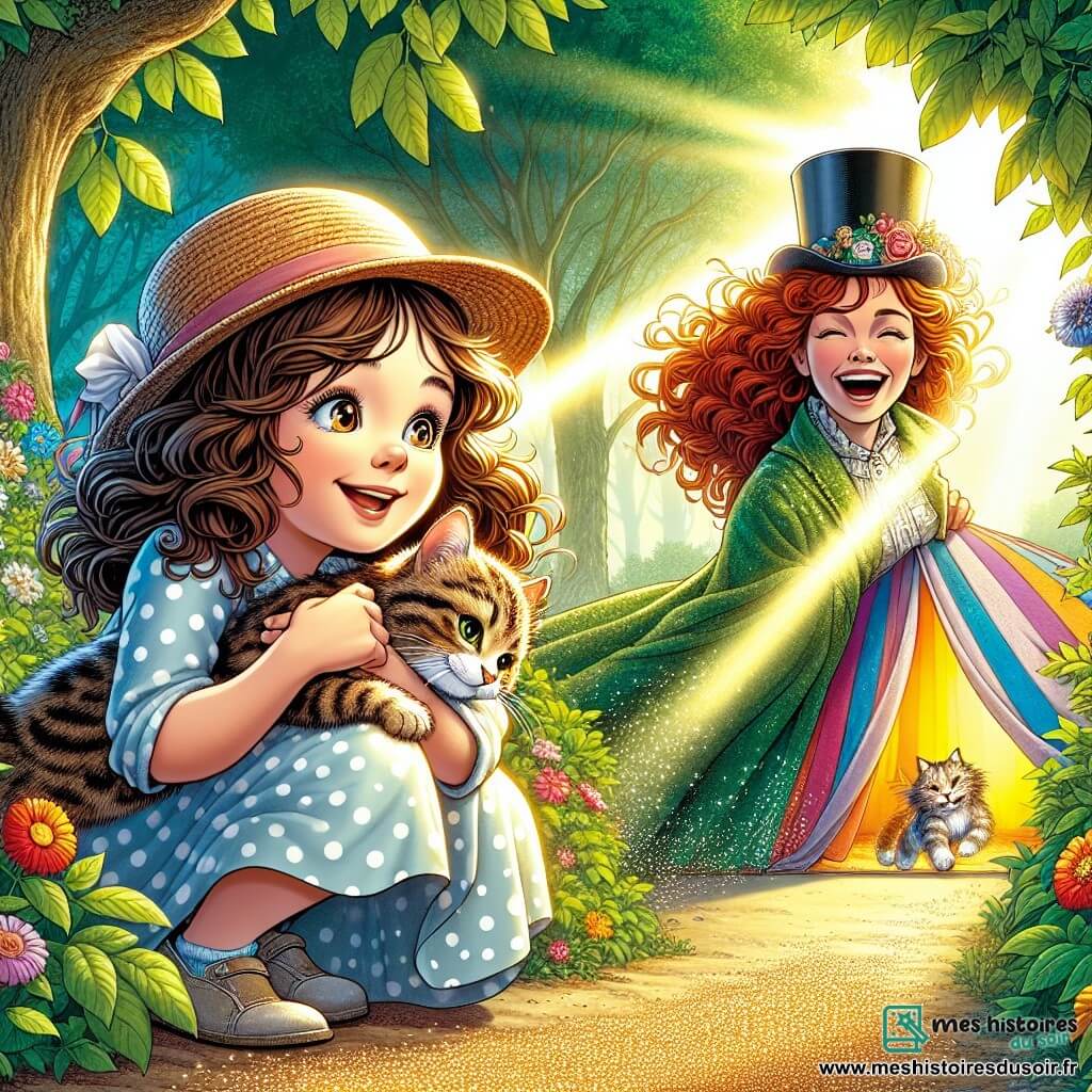 Illustration d'une clairière ensoleillée entourée d'arbres aux feuilles vertes et de fleurs colorées. Au centre, une petite fille de 9 ans, cheveux bouclés bruns et yeux pétillants, porte une robe à pois et un chapeau de paille. Elle est accroupie, souriante, tenant un chat tigré dans ses bras. À proximité, une femme d'une trentaine d'années, cheveux roux ébouriffés et chapeau haut-de-forme, se tient devant une tente colorée en riant. La scène évoque mystère et amitié, avec des rayons de soleil illuminant la fillette et le chat. Des miettes de pain éparpillées sur le sol mènent à la tente, ajoutant une touche d'humour à cette aventure.