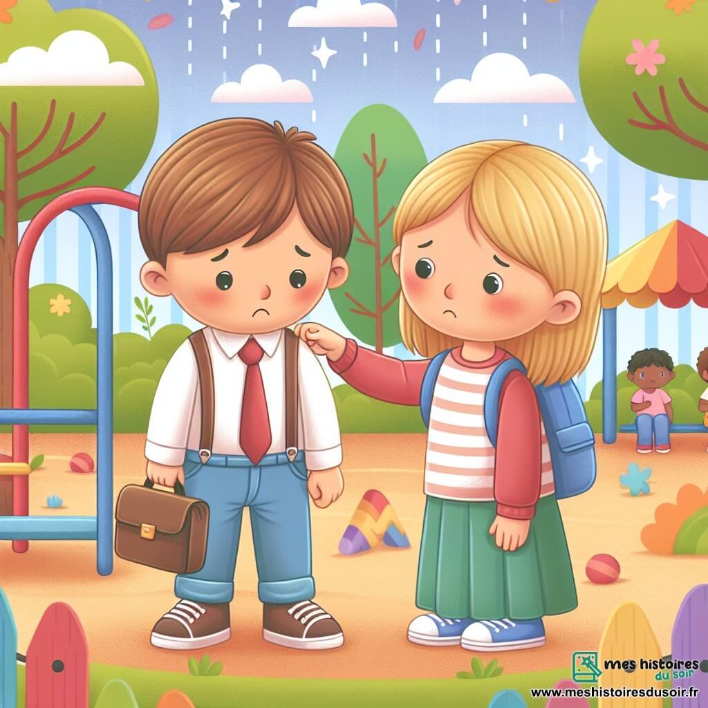 Une illustration destinée aux enfants représentant un jeune garçon timide et solitaire, faisant face au harcèlement à l'école, avec l'aide précieuse d'une petite fille aux cheveux blonds, dans une cour de récréation colorée et animée.