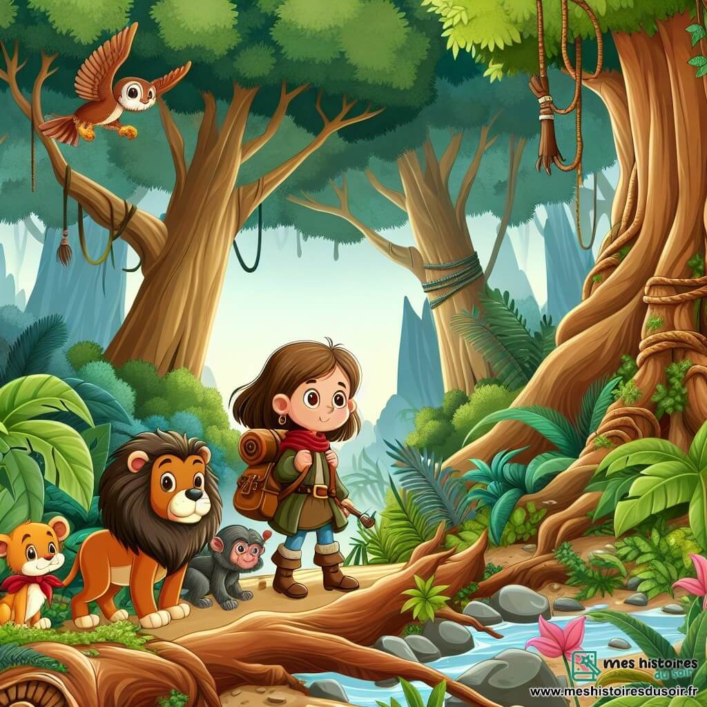 Une illustration destinée aux enfants représentant une petite fille intrépide, entourée de ses fidèles amis animaux, se lançant dans une jungle luxuriante aux arbres centenaires, à la recherche d'un trésor légendaire.