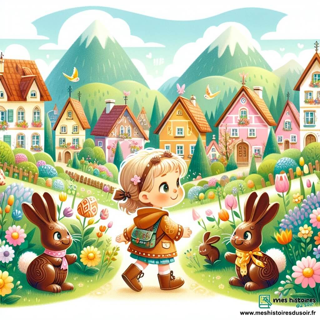 Une illustration destinée aux enfants représentant une petite fille curieuse et espiègle, accompagnée de lapins en chocolat magiques, parcourant un village aux maisons colorées et aux fleurs éclatantes, à la veille de la fête de Pâques.