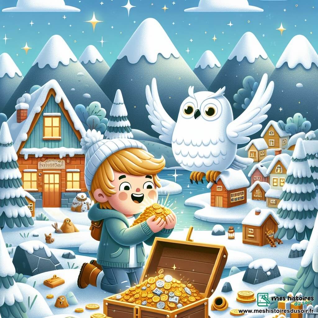 Une illustration destinée aux enfants représentant un garçon joyeux découvrant un trésor avec l'aide d'une chouette blanche, dans un petit village enneigé entouré de montagnes scintillantes.