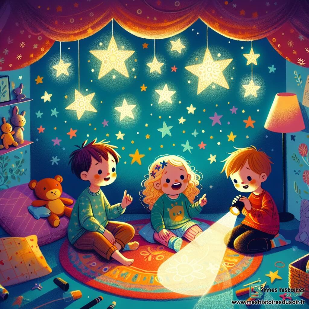 Illustration destinée aux enfants représentant une scène magique dans une chambre d’enfant, où le plafond est décoré de brillantes étoiles phosphorescentes qui scintillent dans l’obscurité. Au centre de la pièce, un groupe d’enfants de trois ans, composé de deux garçons aux cheveux châtains et d’une petite fille aux cheveux bouclés et blonds, est assis sur un tapis coloré. Le garçon aux cheveux châtains tient une lampe de poche allumée, projetant des ombres dansantes sur les murs, tandis que la petite fille sourit avec émerveillement en pointant du doigt les étoiles. L’autre garçon, avec un regard curieux, observe les ombres amusantes créées par la lumière. L’atmosphère est chaleureuse et réconfortante, remplie de jouets éparpillés et de coussins moelleux, évoquant un sentiment de sécurité et d’amitié dans la découverte de la magie du noir.