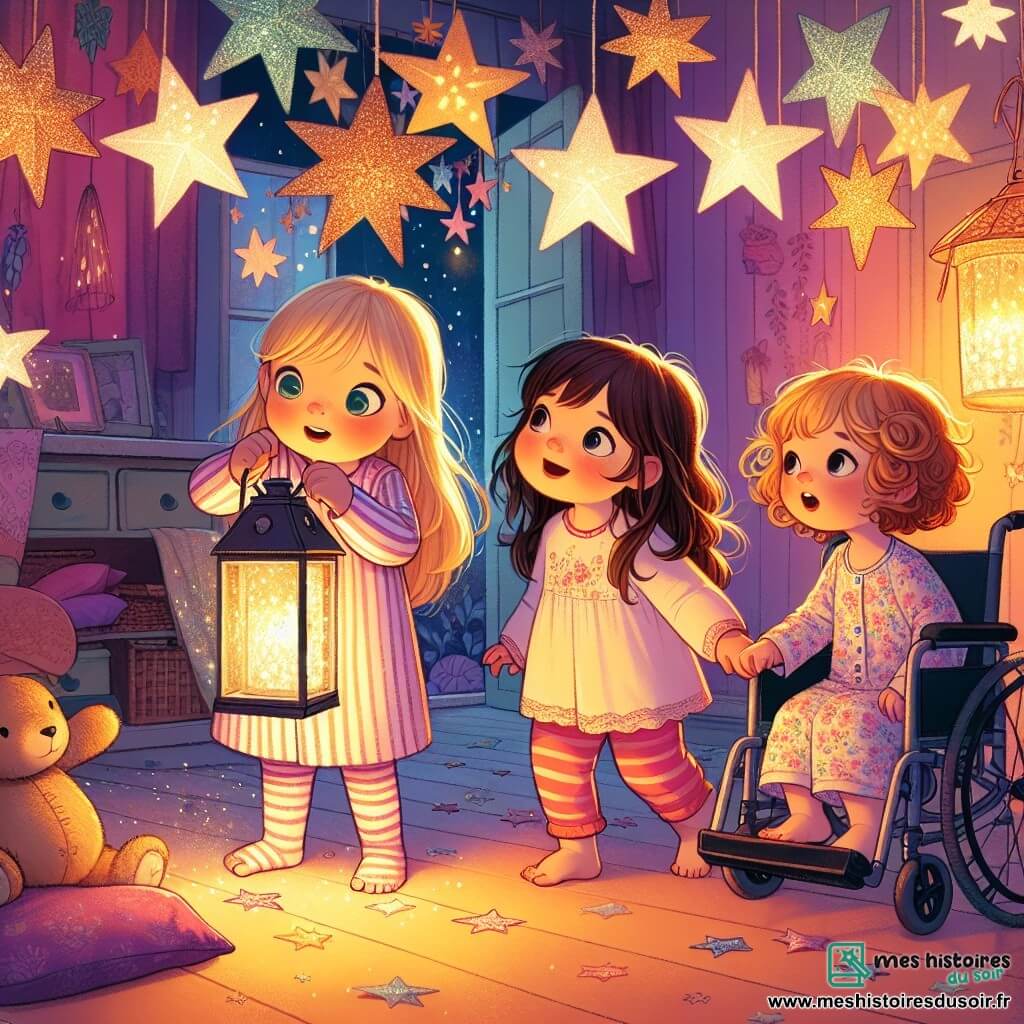 Illustration destinée aux enfants représentant un groupe d'enfants de cinq ans dans une chambre chaleureuse, aux murs peints en pastel, où des étoiles en papier scintillent accrochées au plafond. Au centre, une petite fille aux cheveux blonds, portant un pyjama rayé, tient un lampion décoré de paillettes qui brille doucement, illuminant son visage curieux et émerveillé. À ses côtés, une petite fille brune en fauteuil roulant sourit joyeusement, ses mains posées sur son lampion scintillant, tandis qu'une autre petite fille aux cheveux châtains et bouclés, vêtue d'une robe à fleurs, regarde avec admiration. Ensemble, ils explorent la magie du noir, entourés d'une atmosphère douce et réconfortante, où l'obscurité devient un terrain d'aventure rempli d'étoiles et de lumière.