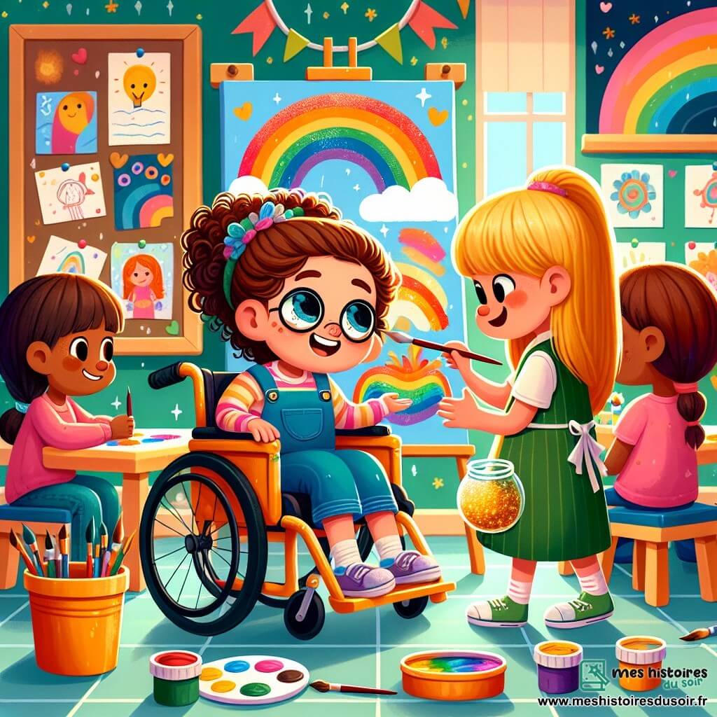 Illustration d'une salle de classe lumineuse et colorée, avec des murs décorés de dessins d'élèves et de projets artistiques. Au centre, un grand tableau noir est couvert de craies multicolores. Une fille de 10 ans, aux cheveux bouclés et aux yeux pétillants, est assise dans un fauteuil roulant, souriant joyeusement avec un pinceau à la main. À ses côtés, une fille de 9 ans, blonde et portant des lunettes, l'encourage avec un grand sourire. Une autre fille de 10 ans, aux cheveux bruns, est debout à côté d'elles, montrant des paillettes dorées. Enfin, une quatrième fille de 9 ans, avec des cheveux châtains et une queue de cheval, se penche pour admirer le tableau qu'elles créent ensemble. Les quatre amies collaborent pour peindre un grand arc-en-ciel sur une toile, symbolisant leur amitié, entourées de pots de peinture colorée et de paillettes scintillantes. L'atmosphère est joyeuse et créative, remplie de rires et de camaraderie.