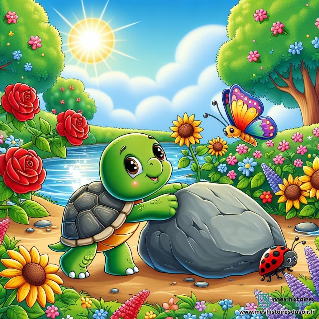 Illustration d'un jardin ensoleillé rempli de fleurs éclatantes : roses rouges, tournesols jaunes et violettes délicates. Au centre, une petite tortue à la carapace verte brillante pousse un gros caillou gris sur le chemin. À côté, un papillon aux ailes multicolores virevolte joyeusement, l'encourageant, tandis qu'une coccinelle rouge à pois noirs observe. En arrière-plan, un ruisseau scintillant reflète le ciel bleu et des arbres feuillus dansent au vent. La scène dégage une atmosphère de camaraderie et de détermination, illustrant la tortue surmontant un obstacle avec l'aide de ses amis.