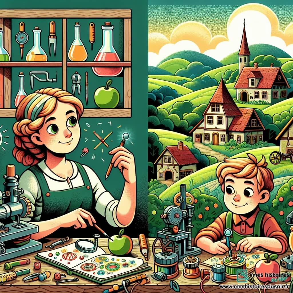 Une illustration destinée aux enfants représentant une jeune femme inventive, accompagnée d'un garçon curieux, travaillant dans un atelier rempli de gadgets colorés, dans un village paisible entouré de collines verdoyantes.