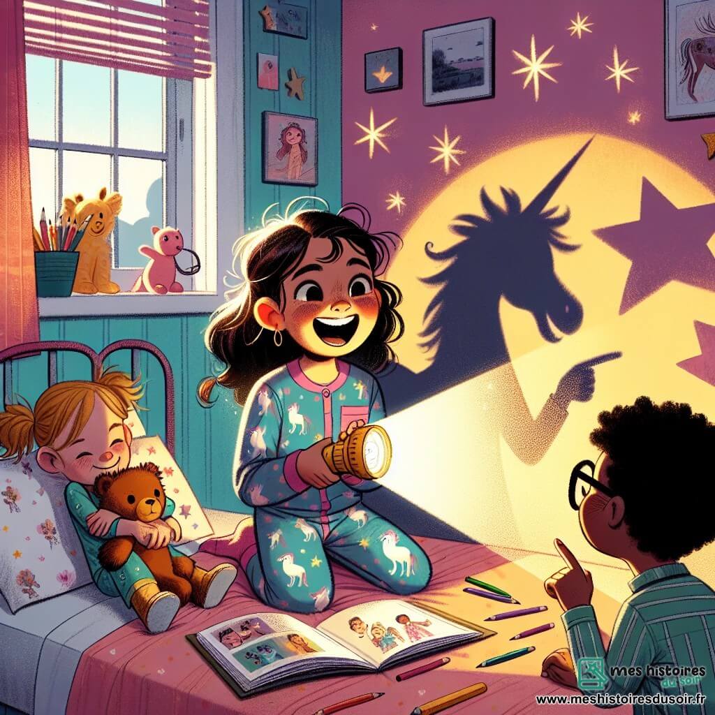 Illustration d'une chambre chaleureuse avec des murs pastel et des étoiles au plafond. Au centre, une petite fille de 9 ans, cheveux bruns en bataille et sourire lumineux, est assise sur son lit, portant un pyjama coloré à motifs de licornes et tenant une lampe de poche qui éclaire les ombres sur les murs. À ses côtés, ses peluches forment un cercle protecteur. Dans un coin, deux amis, un garçon de 9 ans aux cheveux blonds et lunettes, et une fille de 8 ans avec des tresses noires, les observent avec curiosité. Le garçon pointe une ombre sur le mur ressemblant à un dragon, tandis que la fille rit joyeusement. La scène montre la petite fille apprivoisant sa peur du noir, transformant les ombres en personnages amicaux. Des étoiles brillent à travers la fenêtre, ajoutant de la magie, et des livres ouverts et des crayons colorés sont éparpillés, témoignant de leur créativité.