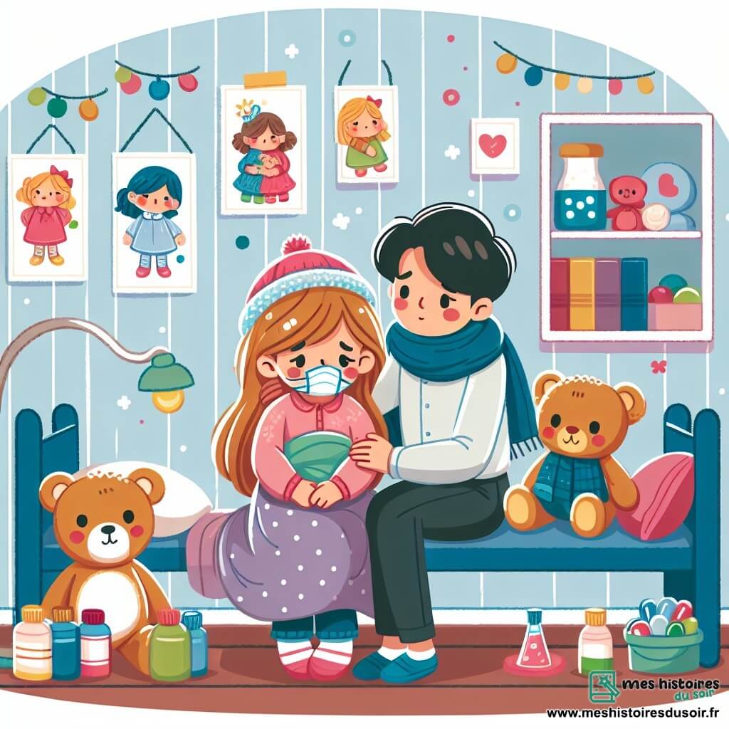 Une illustration destinée aux enfants représentant une petite fille malade, entourée de sa maman aimante, dans une chambre lumineuse remplie de dessins colorés et de peluches douces.