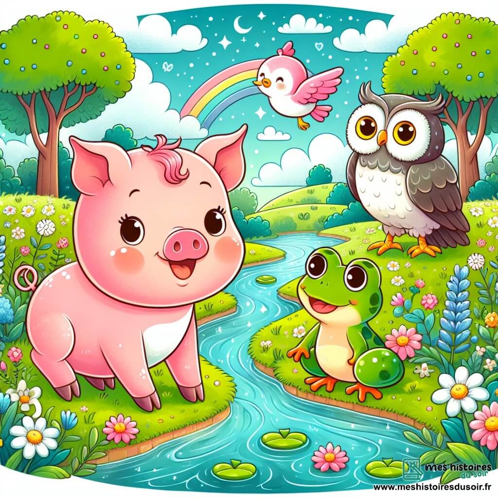 Une illustration destinée aux enfants représentant un adorable cochon rose, une jeune fille grenouille et un vieux hibou sage, vivant des aventures dans une ferme verdoyante entourée de prairies fleuries et d'une rivière scintillante.