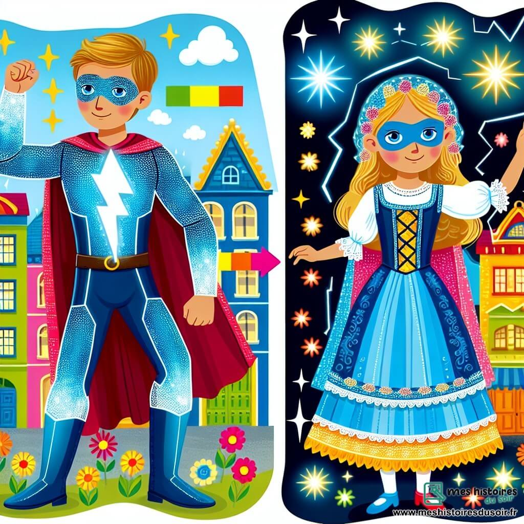Une illustration destinée aux enfants représentant un homme au costume bleu scintillant doté de pouvoirs électriques, combattant aux côtés d'une héroïne masquée aux pouvoirs mystiques, dans la ville de Lumino, avec ses rues colorées et ses bâtiments étincelants.