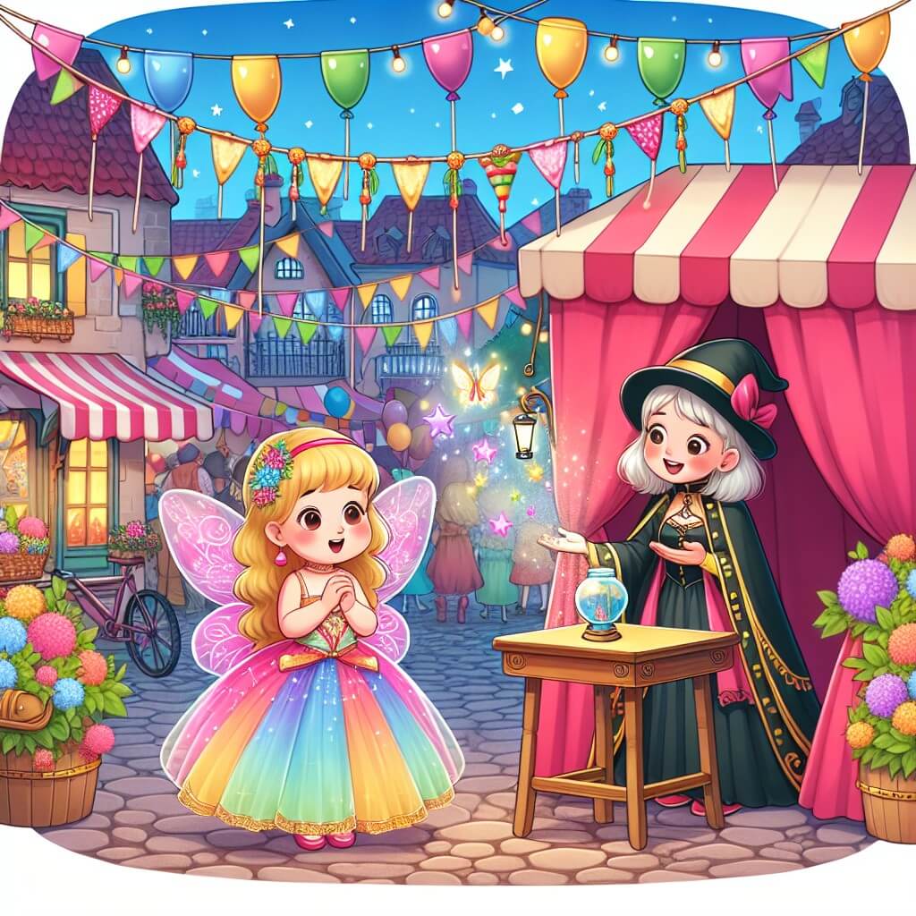 Une illustration destinée aux enfants représentant une jeune fille émerveillée, vêtue d'un costume éclatant de fée, découvrant un stand mystérieux tenu par une magicienne, au cœur d'un village pittoresque décoré de guirlandes multicolores et de ballons flottants, lors d'un carnaval animé et festif.