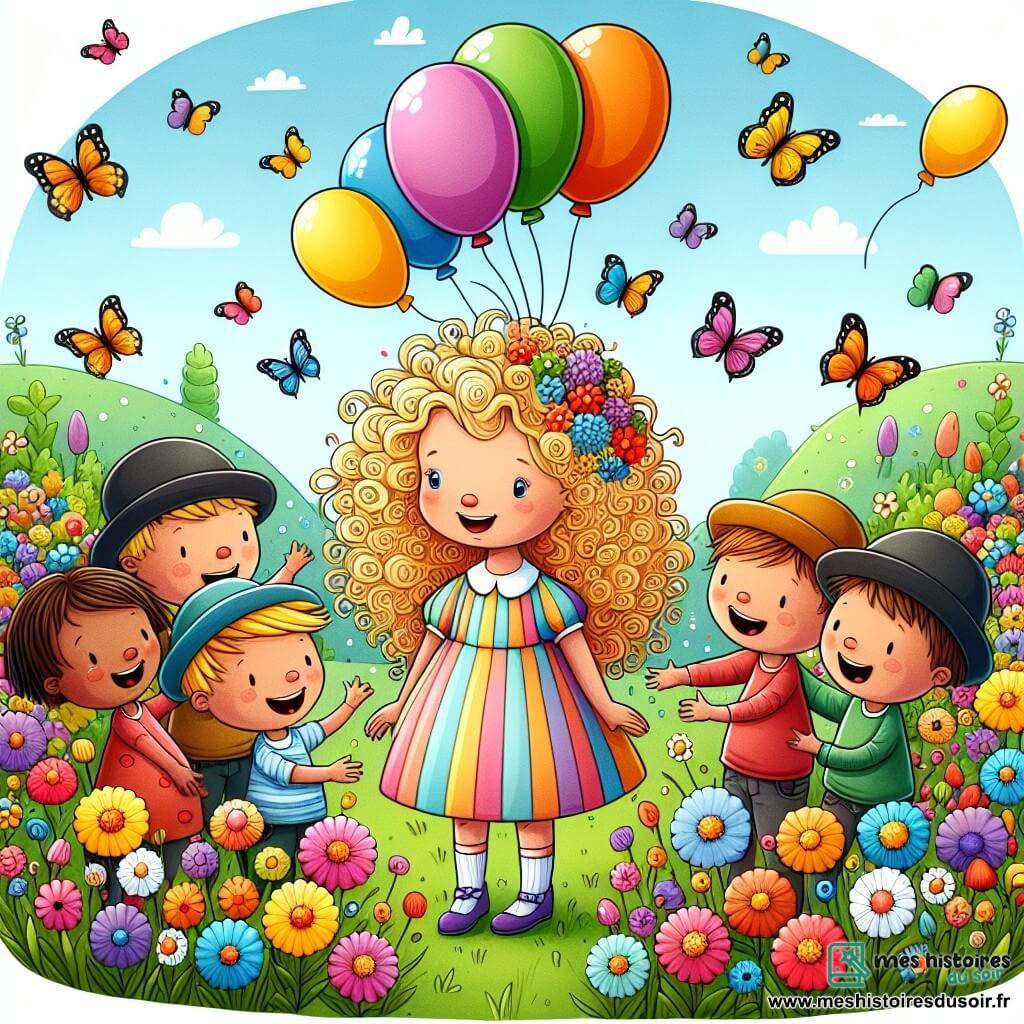 Une illustration destinée aux enfants représentant une petite fille aux boucles blondes, entourée de ses amis avec des ballons colorés et des chapeaux rigolos, dans un jardin rempli de fleurs multicolores et de papillons virevoltants.