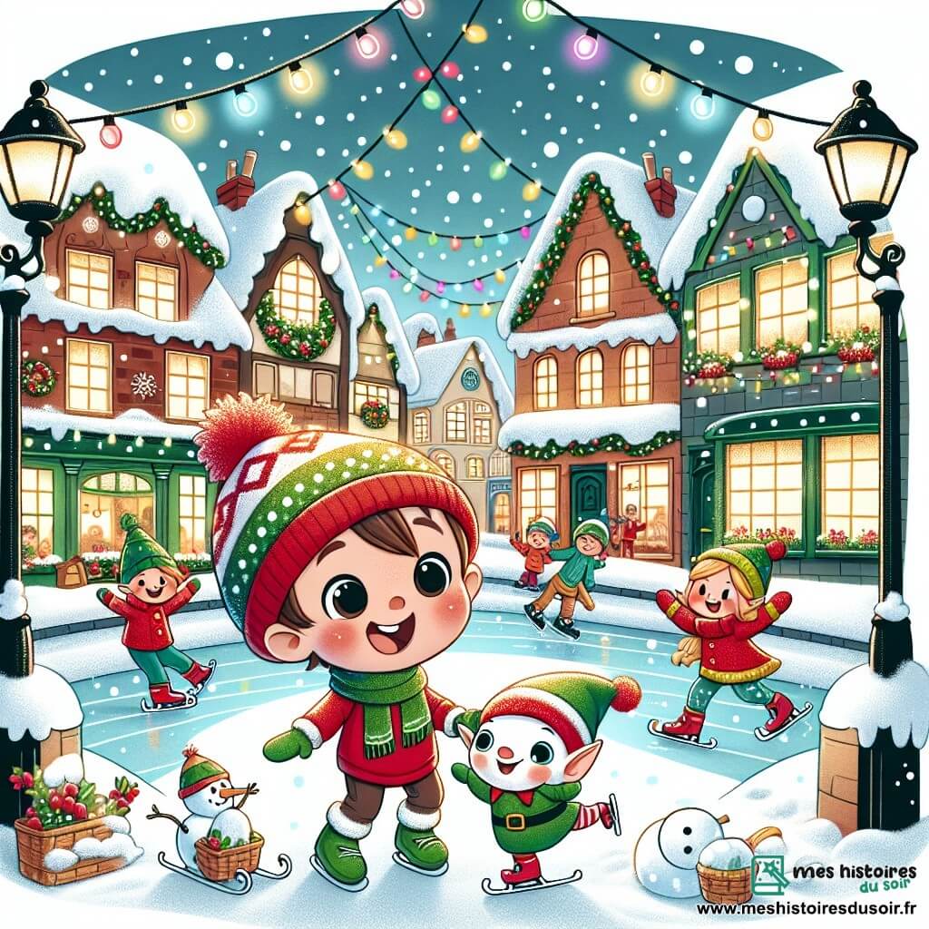 Une illustration sous forme de dessin destinée aux enfants représentant une charmante ville enneigée décorée de lumières scintillantes et de guirlandes colorées, où un petit garçon de 1 an aux cheveux bruns et aux yeux pétillants, vêtu d'une combinaison rouge avec un bonnet en laine, rit en jouant dans la neige, tandis qu'un lutin espiègle aux cheveux verts et aux oreilles pointues, portant un costume vert vif, l'encourage à construire un bonhomme de neige, entourés d'enfants joyeux qui patinent et s'amusent, créant une atmosphère festive et chaleureuse de Noël.