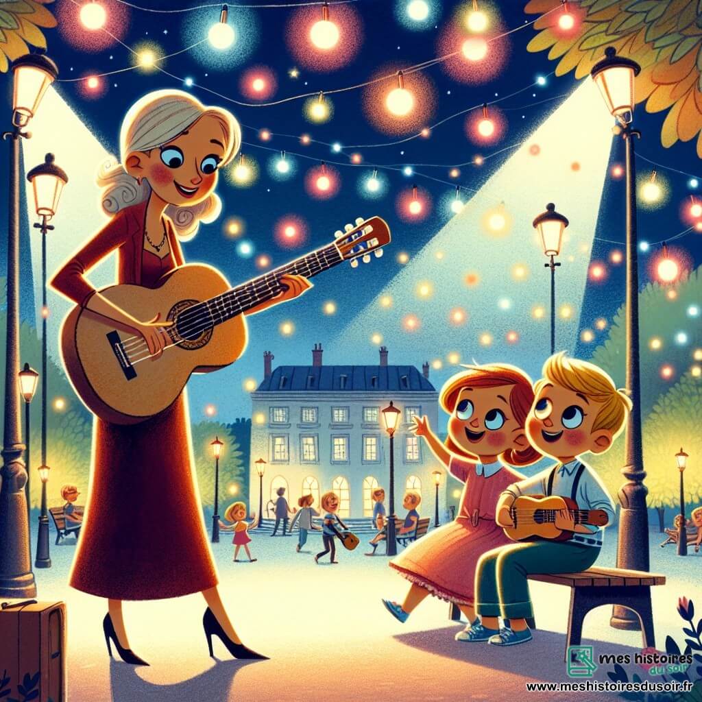 Une illustration destinée aux enfants représentant une femme musicienne jouant de la guitare pour un garçon et une fille dans un parc illuminé de lumières colorées.