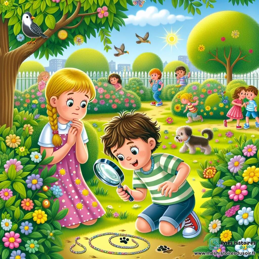 Illustration d'un parc ensoleillé, rempli de fleurs colorées et d'arbres verdoyants. Au centre, un petit garçon de 4 ans, avec des cheveux bruns en bataille et un t-shirt rayé, est accroupi près d'un buisson, tenant une loupe et scrutant le sol. À côté, une petite fille de 4 ans, avec des cheveux blonds tressés et une robe à pois, observe avec intérêt, les mains sur les hanches. Le garçon découvre une trace de patte dans l'herbe, tandis qu'un collier scintillant est partiellement caché dans le buisson. En arrière-plan, d'autres enfants jouent joyeusement, créant une atmosphère vivante. Des oiseaux chantent dans les arbres et un petit chien curieux s'approche, désireux de participer à l'enquête.