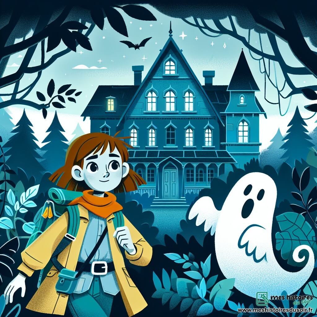 Une illustration destinée aux enfants représentant une jeune aventurière intrépide, se retrouvant seule dans un manoir hanté, accompagnée d'un fantôme bienveillant, au cœur d'une forêt dense et mystérieuse.