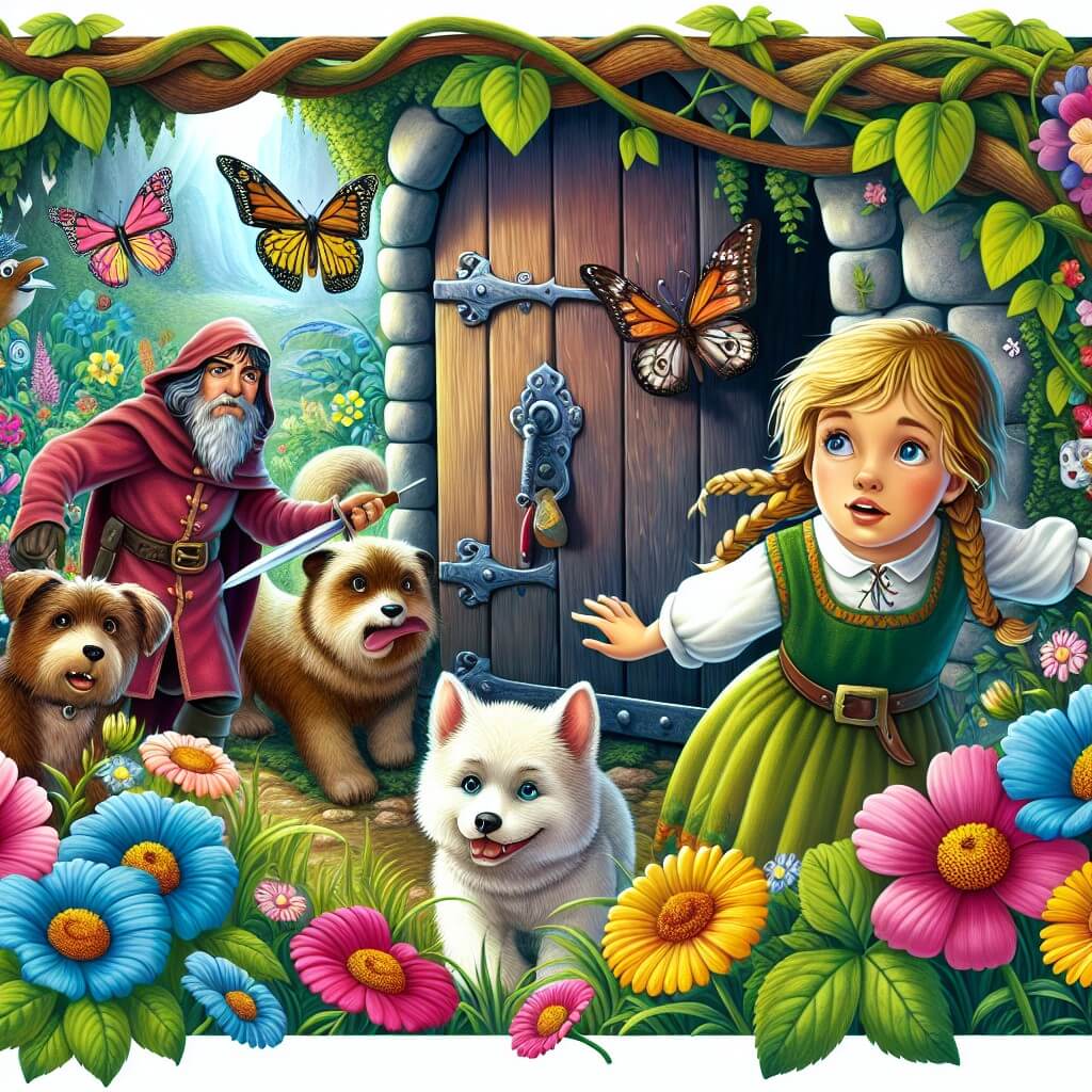 Une illustration destinée aux enfants représentant une jeune fille intrépide, confrontée à un défi apparemment impossible, accompagnée d'un compagnon malicieux, dans un monde magique rempli de fleurs multicolores, d'animaux parlants et de papillons géants, caché derrière une porte en bois dissimulée derrière une vigne épaisse.